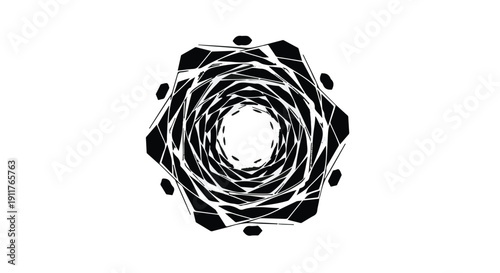 Geometric abstract black and white spiral pattern with concentric shapes and lines on white background