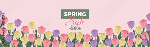 Spring Sale -50% Website Hero Banner with Multicolor Tulips, Pink Yellow and Purple Floral Discount Header for Seasonal Promotion