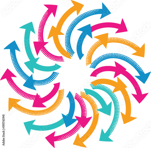 Vibrant circular arrow vortex with colorful swirling curved pointers and halftone patterns for business growth recycling process synergy and dynamic flow design