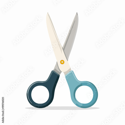Illustration of an open pair of scissors with dark and light blue handles, ready for cutting tasks or craft projects on a plain white background