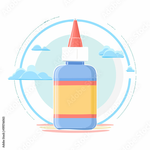Bottle of glue with label in front of clouds and circles
