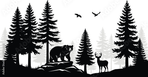 Wild forest animal silhouette illustration, bear and deer in pine woodland landscape with birds, serene nature wildlife scene for outdoor, conservation, travel design