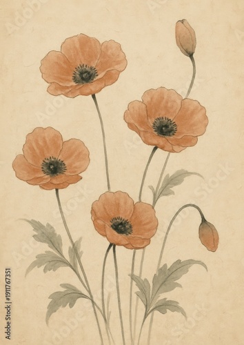 Vintage poppy floral illustration