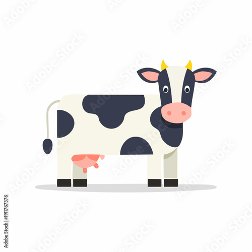 Cute black and white spotted cow with pink udder and horns illustration