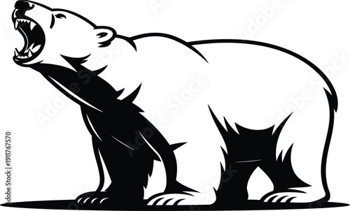A black and white illustration of a polar bear roaring with its mouth open