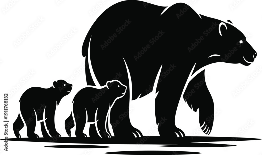 Obraz premium Silhouette of a mother bear and her two cubs walking together