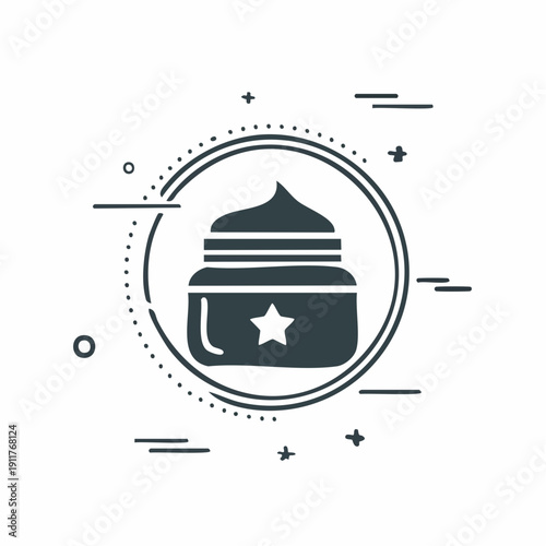 Cosmetic cream jar icon with star symbol and abstract decorative elements