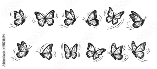 Hand-drawn flying butterflies set against a clean white backdrop.  Ideal for designs needing a touch of nature, simplicity, or childlike whimsy.