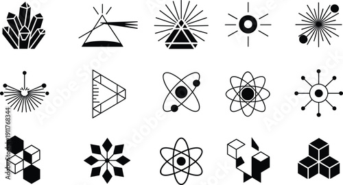 Science icon illustration set, atomic model artwork, molecular vector design, prism refraction graphic pack, geometric physics symbol collection, black and white sketch