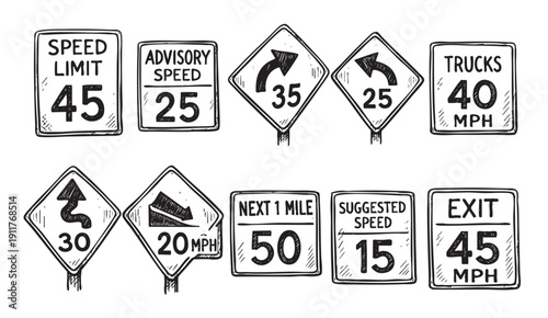 Whimsical set of hand-drawn road signs. Includes speed limits, advisory speeds, and directional signs. Ideal for educational, safety, or transportation-themed projects.