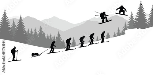 Winter skiing progression silhouette illustration, uphill ski touring sequence with jumps, alpine forest mountain landscape, outdoor adventure sports concept for poster, web, branding