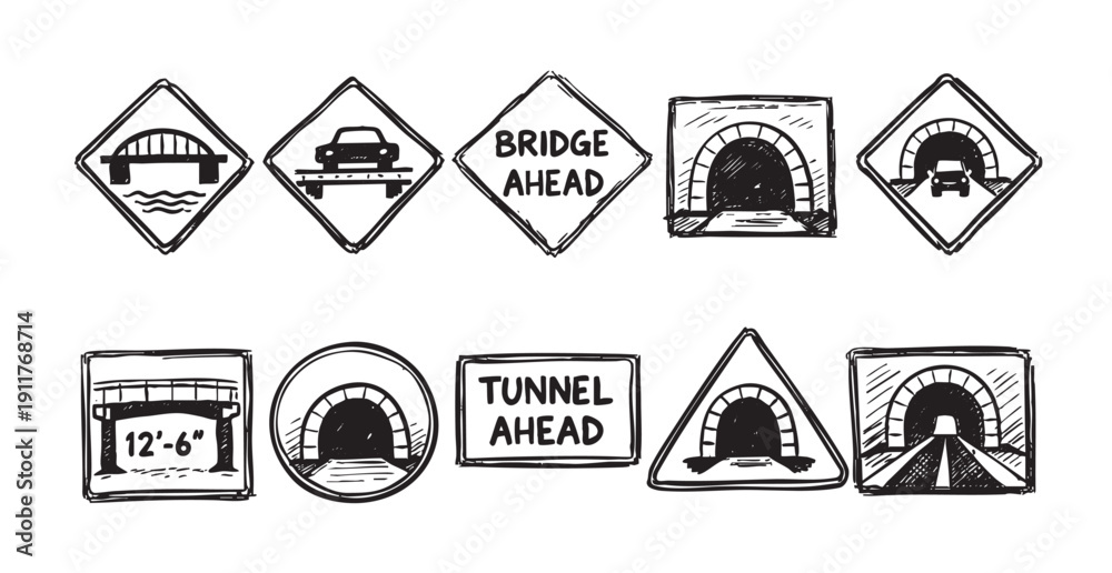 Obraz premium Collection of sketched road signs featuring bridge and tunnel warnings. Ideal for educational material, travel blogs, safety campaigns, and transportation-related content. Black and white.