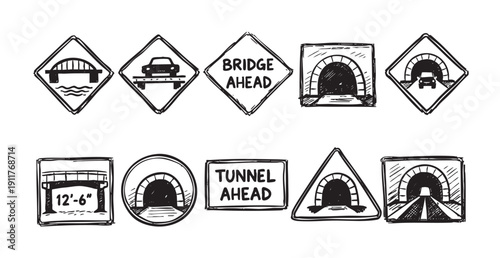 Collection of sketched road signs featuring bridge and tunnel warnings. Ideal for educational material, travel blogs, safety campaigns, and transportation-related content. Black and white.