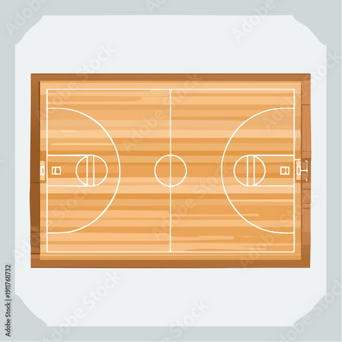 Top-down view of a clean, empty basketball court with wooden floor and white lines