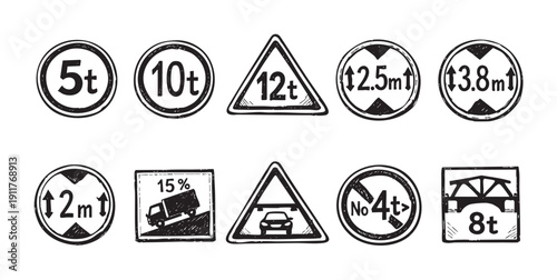 A set of hand drawn road signs depicting weight limits, height restrictions, and steep grade warnings. Suitable for infographics, education, or design projects.