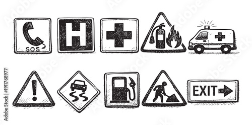 Collection of various hand drawn emergency signs and road safety symbols, including hospital, ambulance, fire, and warning signs. Use for infographics, education, safety campaigns.