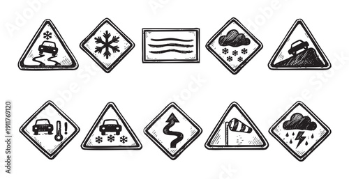 Hand-drawn vector illustration of various winter weather road signs, including ice, snow, wind, and other hazards. Useful for weather forecasts, travel, and safety.