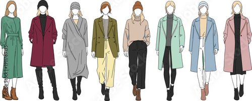 Women autumn fashion illustration set featuring stylish female outfits, modern casual and street style clothing collection, seasonal wardrobe inspiration, flat vector design isolated on white