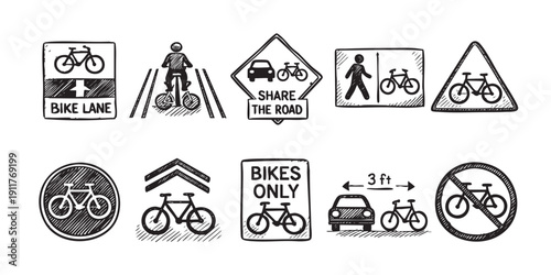 A hand-drawn collection of bike safety signs. Perfect for illustrating cycling awareness, traffic rules, and shared road safety. Great for educational materials and campaigns.
