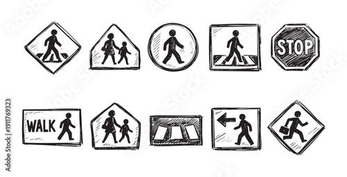 A collection of hand-drawn pedestrian and traffic signs in black ink on a white background. Useful for safety, education, or design projects.