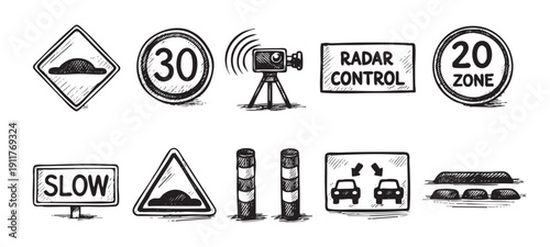 Hand-drawn vector illustration set of road signs including speed limits, speed bumps, speed camera, and warnings. Great for educational or illustrative content on traffic rules.