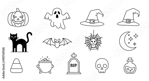 Spooky Halloween icons including pumpkin, ghost, witch hats, cat, bat, spider web, moon, candy corn, cauldron, tombstone, skull, and potion bottle