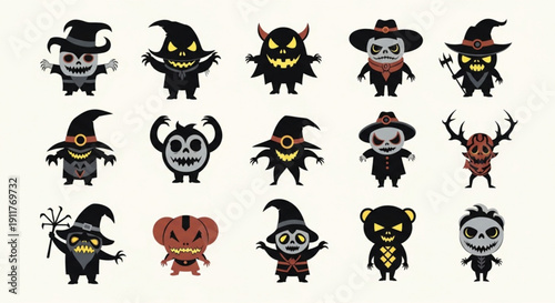 Spooky cartoon monsters and creatures for Halloween designs