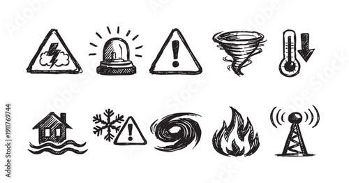 Set of sketchy vector icons representing natural disasters and weather events. Ideal for educational materials, emergency preparedness guides, and design projects.