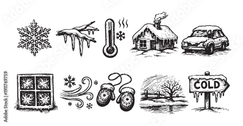 Hand-drawn illustration featuring winter elements: snowflakes, icicles, house, car, thermometer, mittens, cold sign. Use for weather reports, seasonal graphics, or creative winter-themed designs.