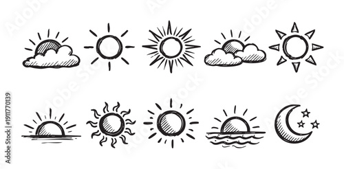 Hand-drawn illustration of sun and moon icons. Includes different phases, weather, cloud, sunshine, starlight. Perfect for weather forecast, educational content, or graphic design needs.