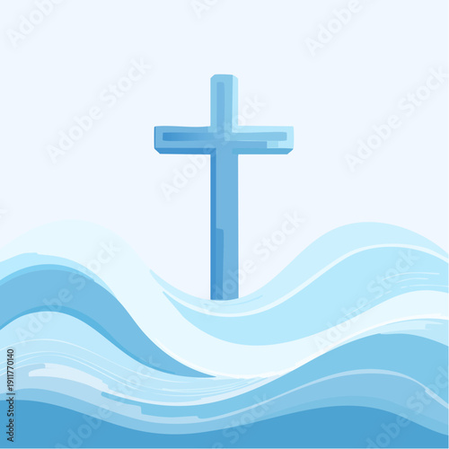 Blue Christian Cross Emerging from Abstract Waves