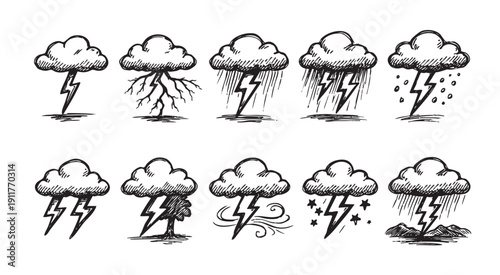 A collection of hand-drawn weather icons depicting clouds, lightning, rain, wind, and storms, isolated on white. Use for weather forecasts, apps, or educational materials.