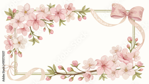 Delicate pink cherry blossom border frame with ribbons and bows on white background for spring designs