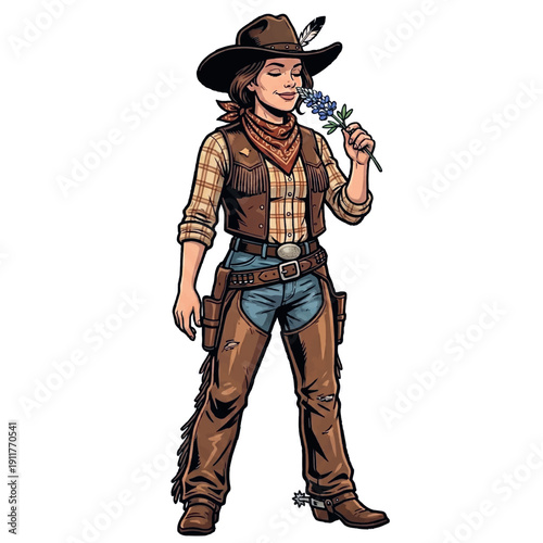 Cowgirl Character Smelling a Bluebonnet Flower Illustration