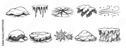 Set of hand drawn winter elements. Includes snowdrift, icicles, cracked ice, snowy branch, wind, and snowflake designs. Useful for creating winter themed designs.