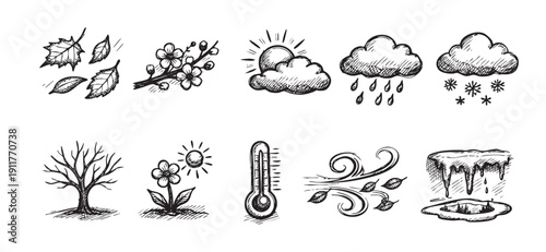 Hand drawn vector illustration featuring various weather conditions and seasons, suitable for education, design, or weather-related projects.
