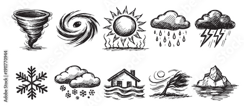 Collection of hand drawn weather icons including tornado, hurricane, sunny, rain, snow, flood, blizzard, and iceberg for use in presentations or informational graphics.