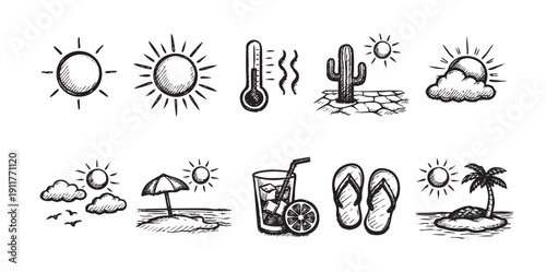 Summer themed doodle icon set with sun, beach, drink and tropical elements. Represents vacation, travel, hot weather and summertime leisure. Good for backgrounds, patterns, designs.