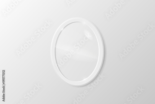 Realistic vintage oval classic photo frame mockup with ineer glass on white wall background. Rectangle border. Invitation, sale, memories, exhibition card design. Vector illustration