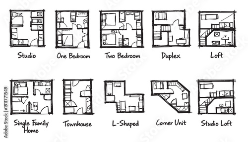 Collection of hand-drawn floor plans illustrating various types of residences, including studio, loft, townhouse, and two-bedroom apartments. Ideal for real estate, architecture, or design projects.