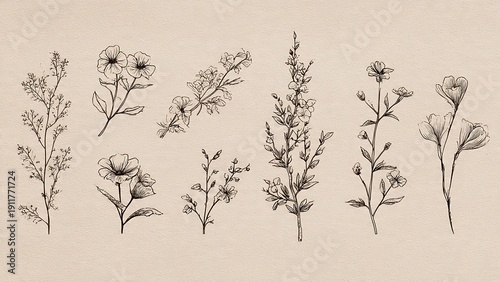 Hand Drawn Floral Elements in Sepia Ink Style for Vintage Designs