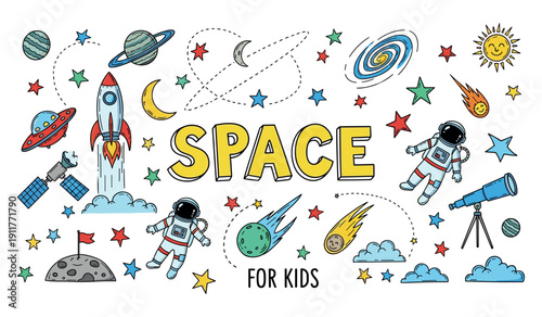 Colorful space exploration for kids with rockets and astronauts