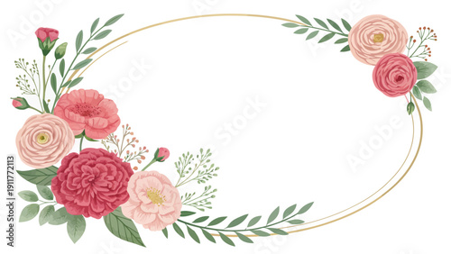 Minimal modern carnation alternative floral frame with pink roses and green leaves on white background for decoration