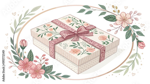 Beautifully wrapped gift box with floral design and pink ribbon in decorative frame with flowers