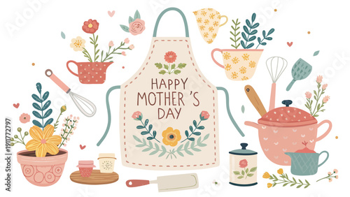Mother's day kitchen apron with floral design and baking utensils happy mother's day greeting colorful illustration for cooking