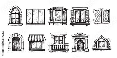 A set of hand-drawn illustrations of various window and door styles. Black and white vector sketches ideal for architectural designs, coloring books or graphic design elements.