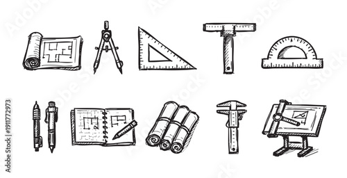 Hand-drawn style illustration featuring architectural tools, including blueprints, drafting tools, pens, notebook, and drawing board. Perfect for architectural, design, or educational concepts.