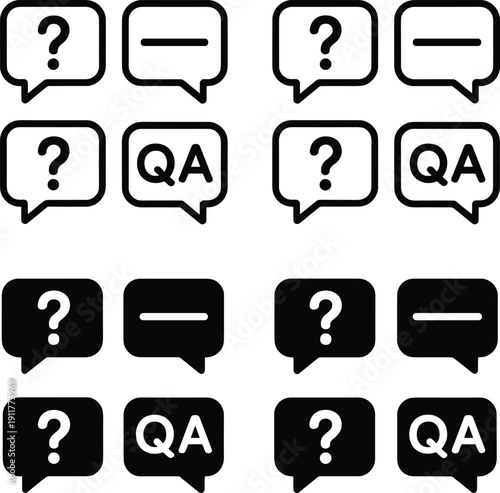 Speech bubble icon set, question mark design, QA symbol illustration, communication graphic, user interface element, outlined and solid style