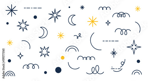 Vector illustration of various celestial shapes and symbols in blue and yellow on a white background