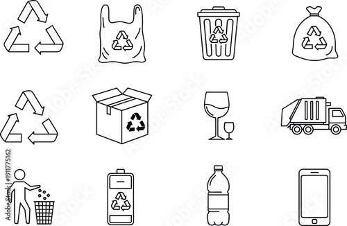 Recycling and waste management icons set, eco friendly trash sorting plastic bottle smartphone packaging symbols, minimal line vector illustration for environmental sustainability and green design